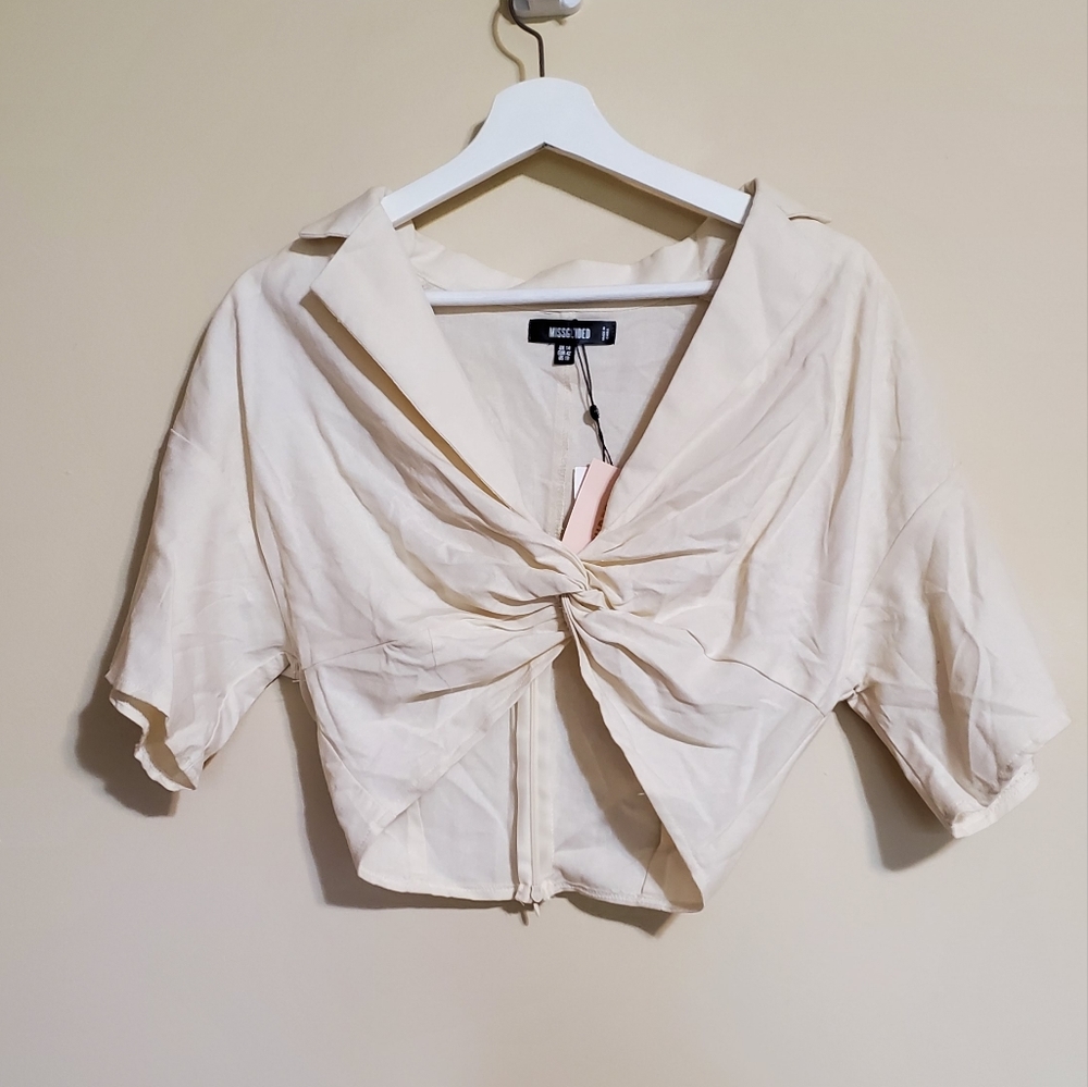 NEW Missguided Collared Plunge Twist Front Crop Top in Cream Color Sz US 10